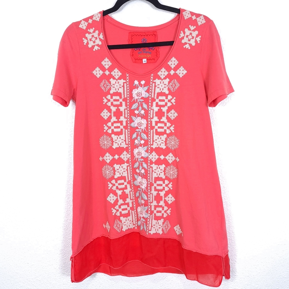 JOHNNY WAS Boho Embroidered Overlay Pink Blouse Tunic Top - Picture 3 of 9